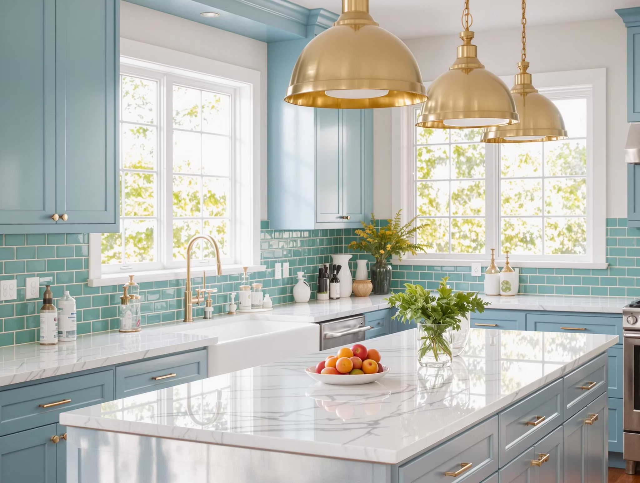 Cozinha colorida e iluminada